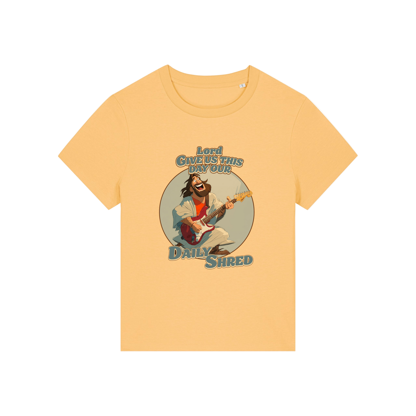 yellow funny jesus t-shirt with the graphic of jesus playing a guitar and the slogan 'lord give us this day our daily shred'