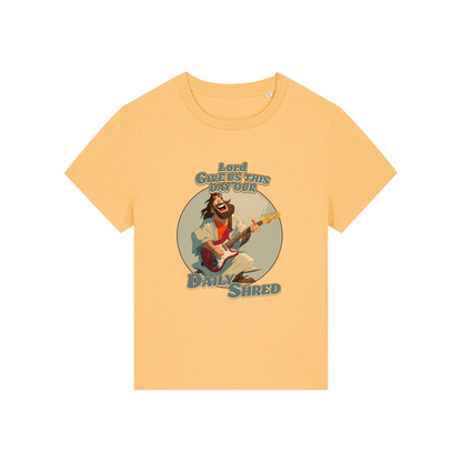 yellow funny jesus t-shirt with the graphic of jesus playing a guitar and the slogan 'lord give us this day our daily shred'