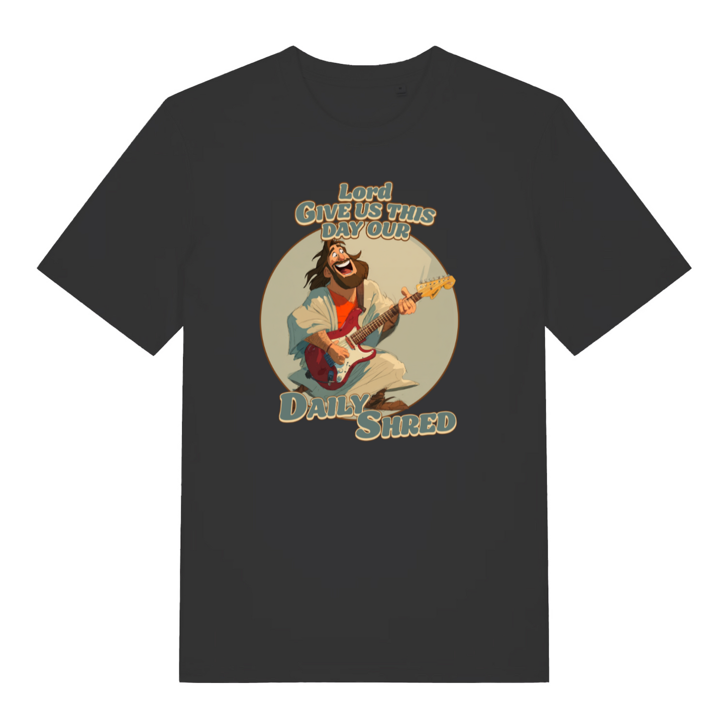 black funny jesus t-shirt with the graphic of jesus playing a guitar and the slogan 'lord give us this day our daily shred'