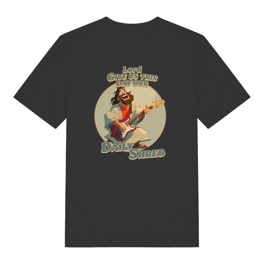 black funny jesus t-shirt with the graphic of jesus playing a guitar and the slogan 'lord give us this day our daily shred'