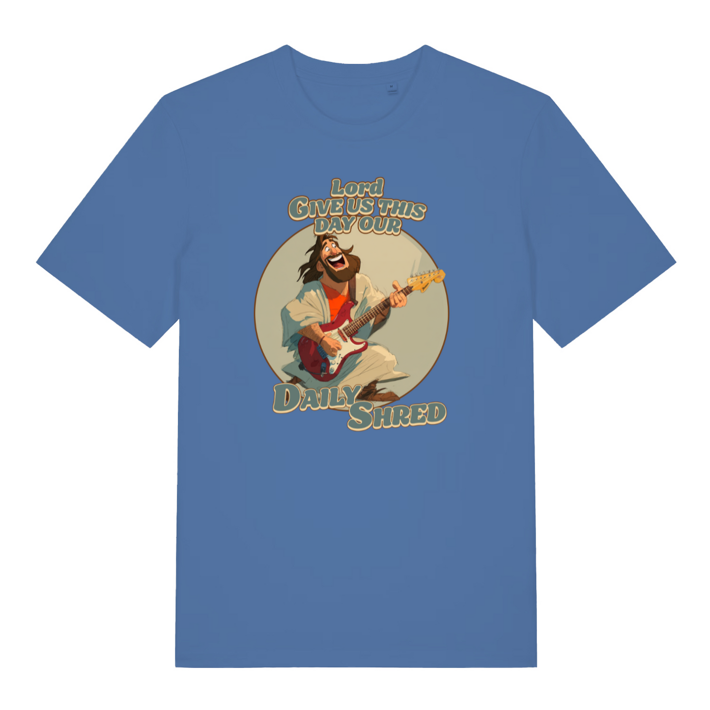 blue funny jesus t-shirt with the graphic of jesus playing a guitar and the slogan 'lord give us this day our daily shred'