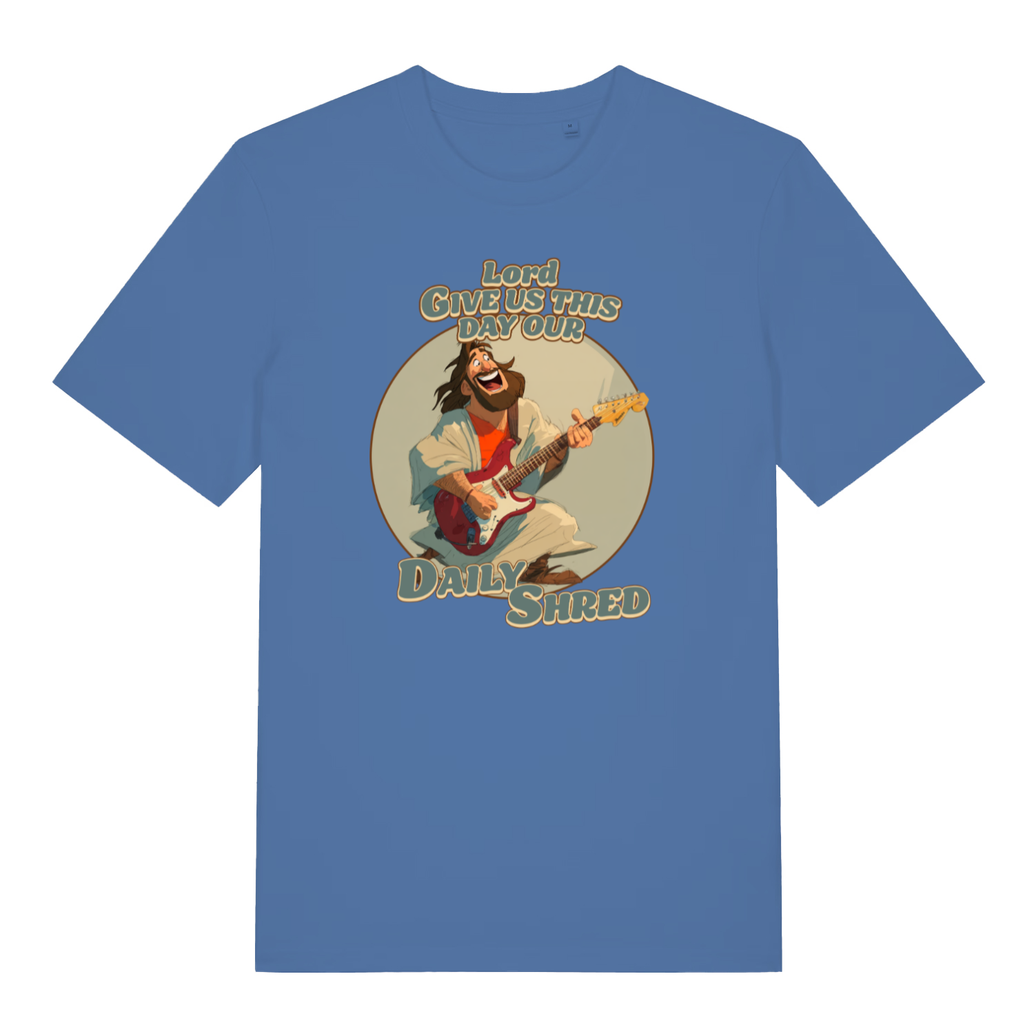 blue funny jesus t-shirt with the graphic of jesus playing a guitar and the slogan 'lord give us this day our daily shred'