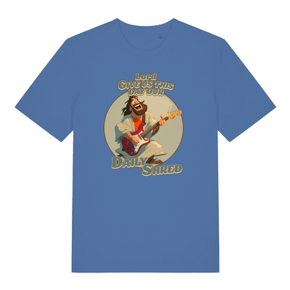 blue funny jesus t-shirt with the graphic of jesus playing a guitar and the slogan 'lord give us this day our daily shred'