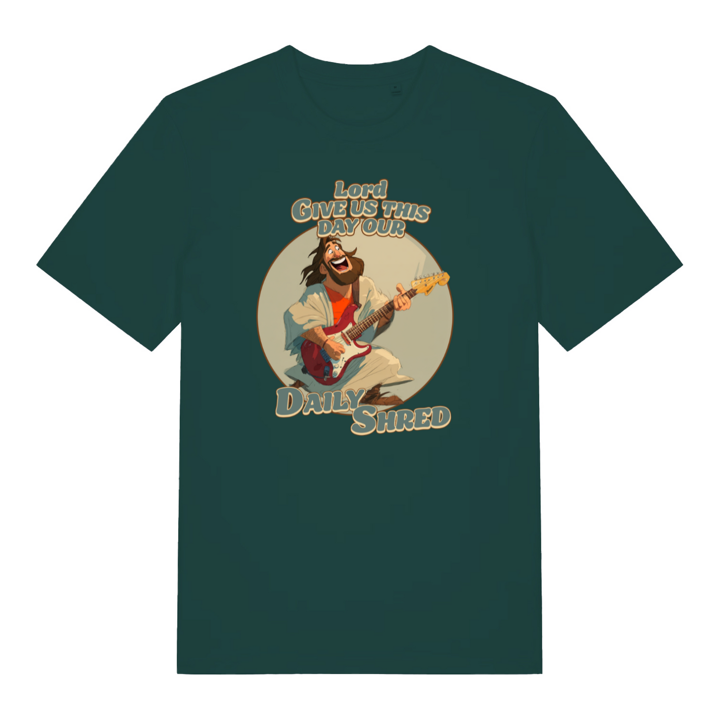 green funny jesus t-shirt with the graphic of jesus playing a guitar and the slogan 'lord give us this day our daily shred'