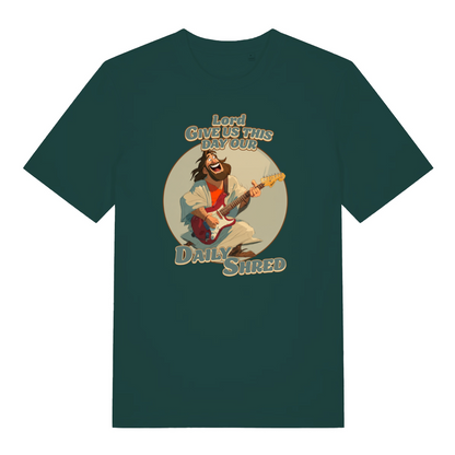 green funny jesus t-shirt with the graphic of jesus playing a guitar and the slogan 'lord give us this day our daily shred'
