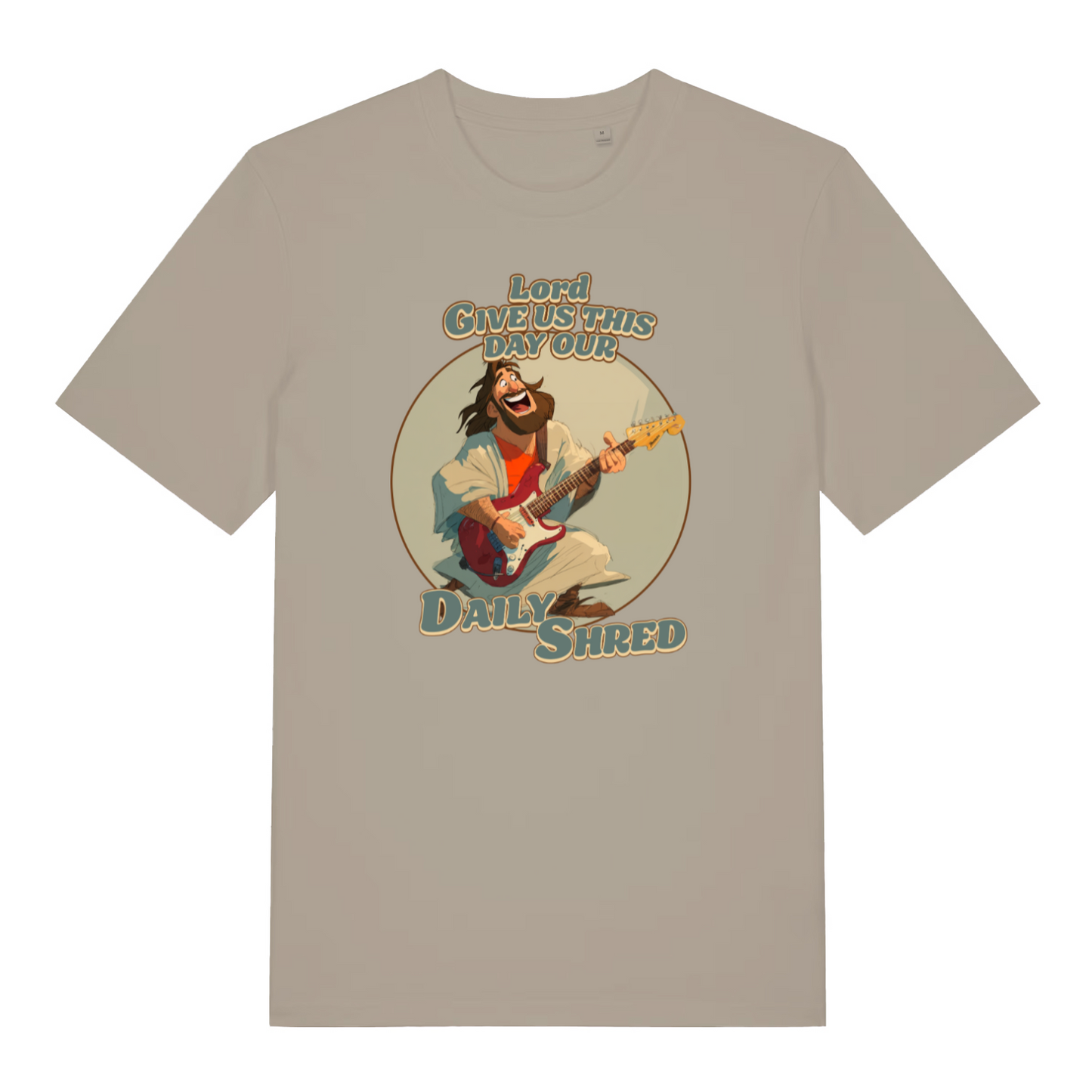 stone funny jesus t-shirt with the graphic of jesus playing a guitar and the slogan 'lord give us this day our daily shred'