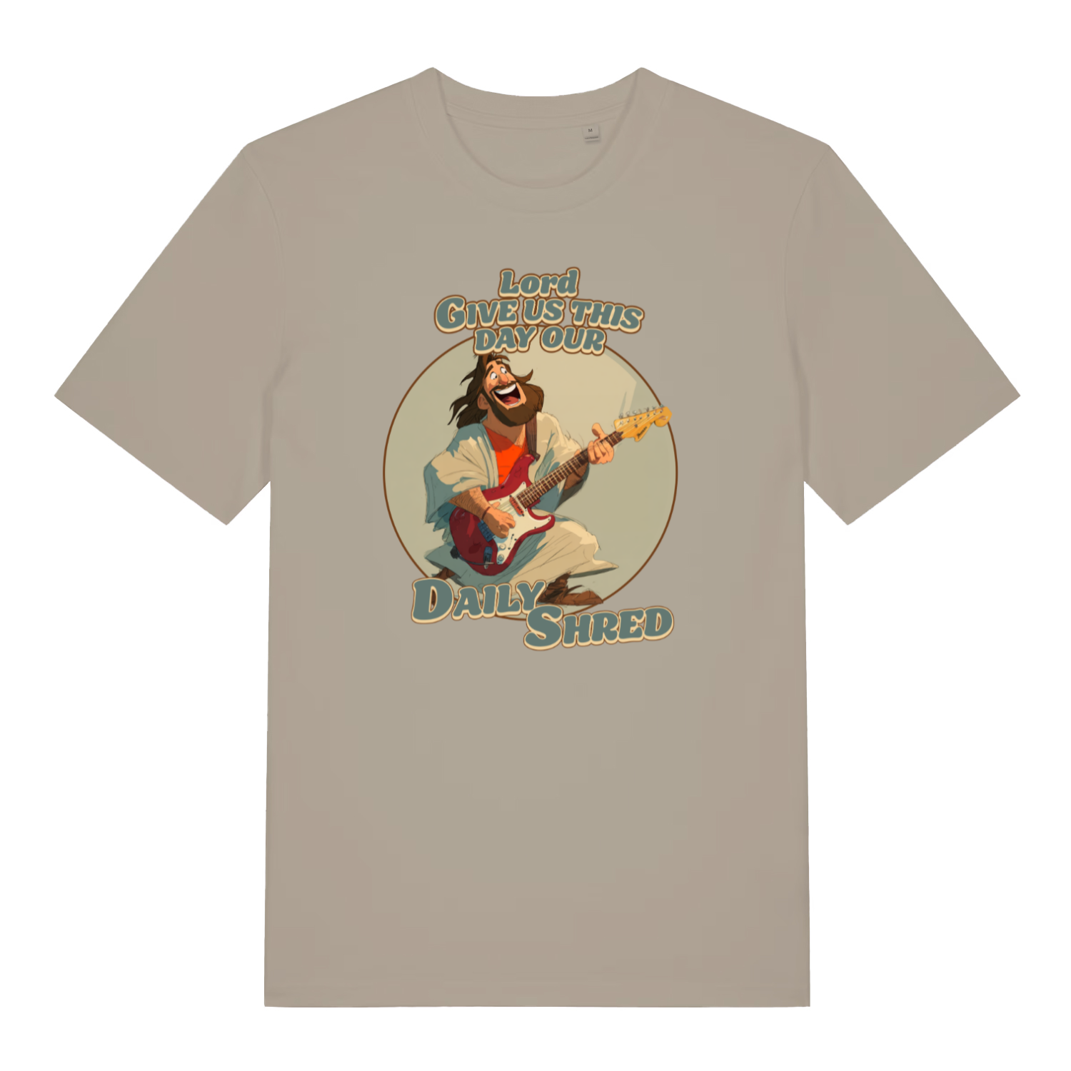 stone funny jesus t-shirt with the graphic of jesus playing a guitar and the slogan 'lord give us this day our daily shred'