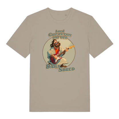 stone funny jesus t-shirt with the graphic of jesus playing a guitar and the slogan 'lord give us this day our daily shred'
