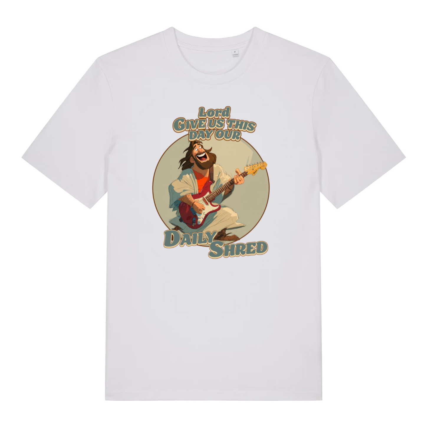 white funny jesus t-shirt with the graphic of jesus playing a guitar and the slogan 'lord give us this day our daily shred'