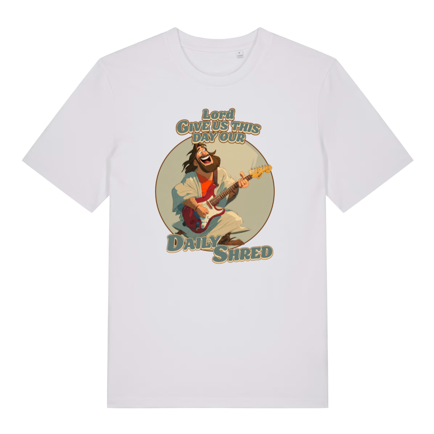 white funny jesus t-shirt with the graphic of jesus playing a guitar and the slogan 'lord give us this day our daily shred'