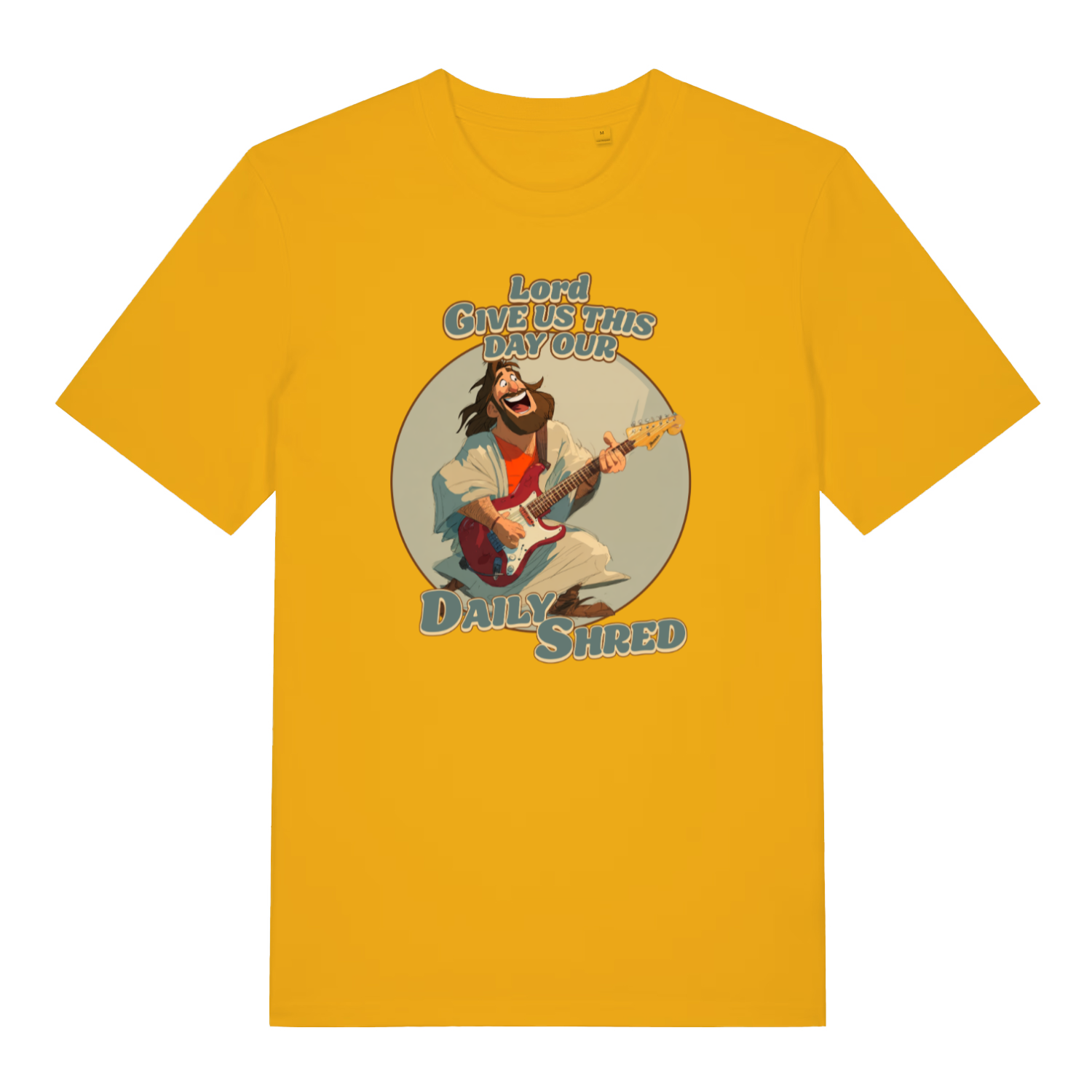 yellow funny jesus t-shirt with the graphic of jesus playing a guitar and the slogan 'lord give us this day our daily shred'