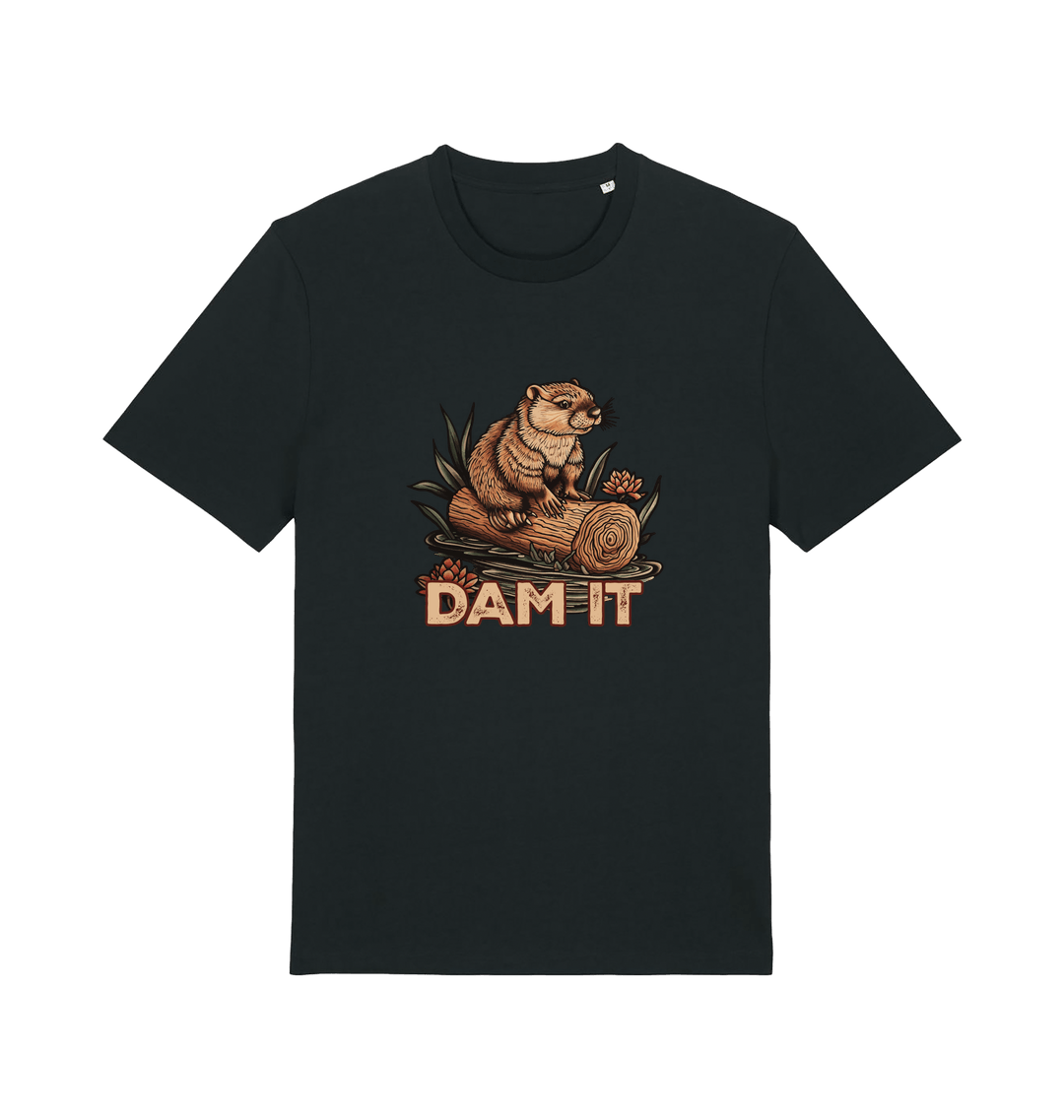 Black animal t-shirt with a beaver graphic and 'DAM IT' slogan