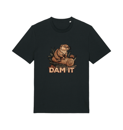 Black animal t-shirt with a beaver graphic and 'DAM IT' slogan