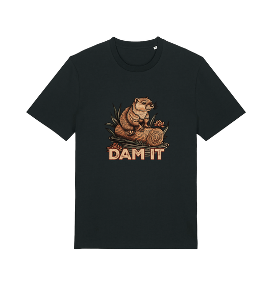 Black animal t-shirt with a beaver graphic and 'DAM IT' slogan