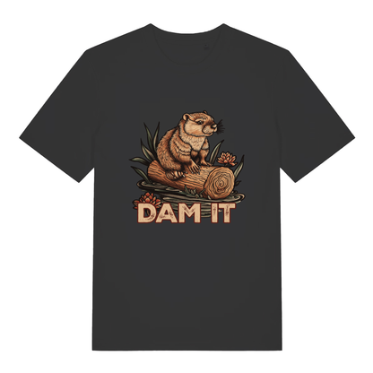 Black Dam It T-shirt flat lay with cute beaver on log "DAM IT" pun graphic