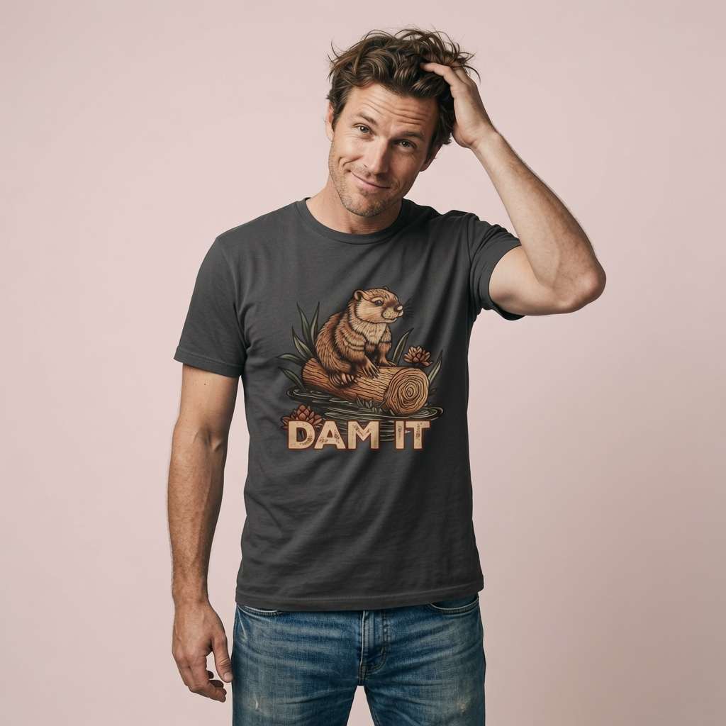 Man in black Dam It t-shirt, funny witty mens animal pun tee