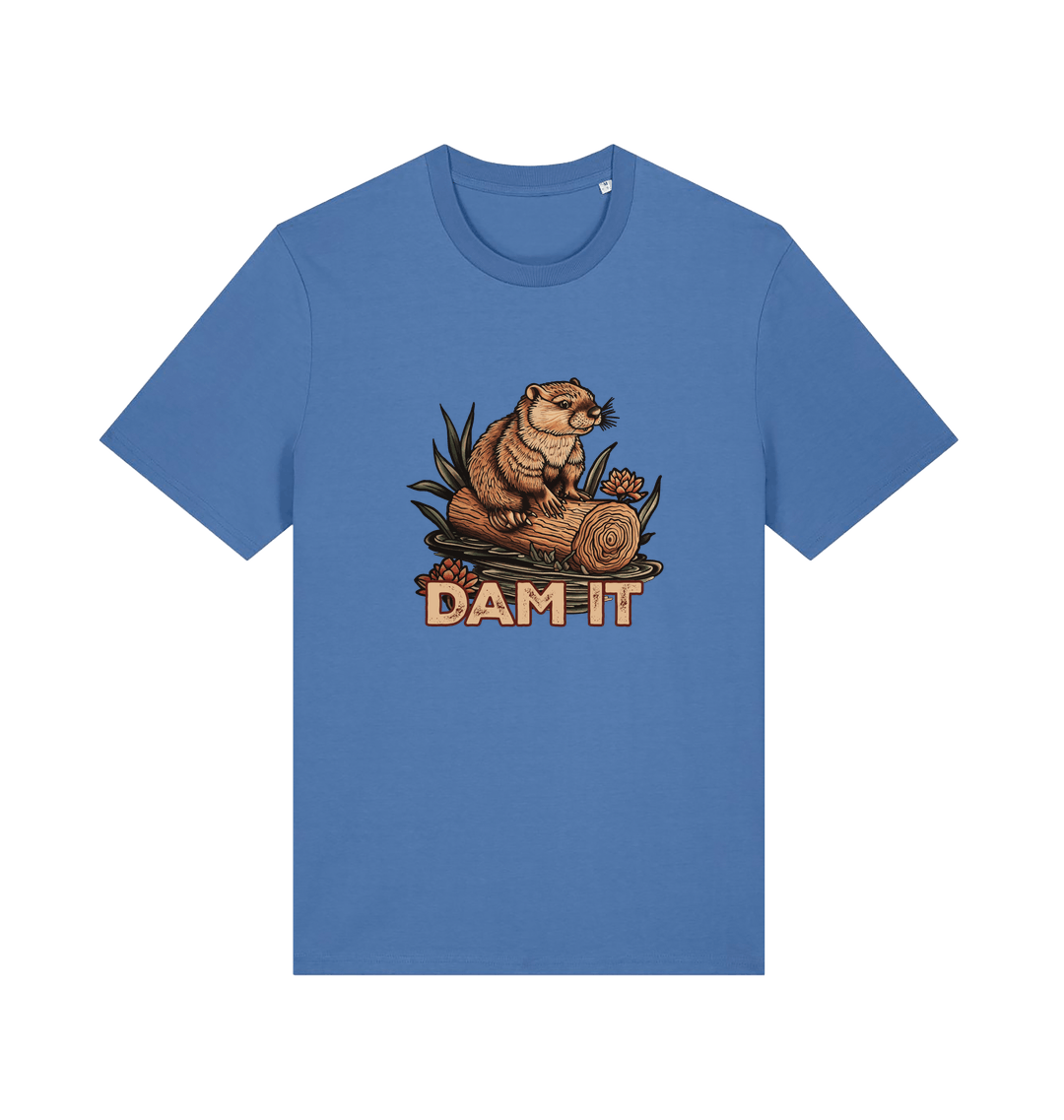 blue animal t-shirt with a beaver graphic and 'DAM IT' slogan
