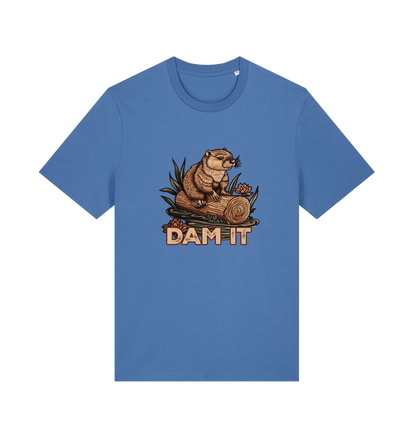 blue animal t-shirt with a beaver graphic and 'DAM IT' slogan