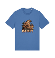 blue animal t-shirt with a beaver graphic and 'DAM IT' slogan