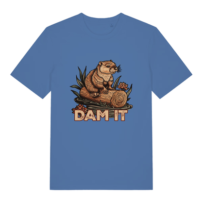 Bright Blue Dam It T-shirt flat lay featuring funny beaver dam pun design