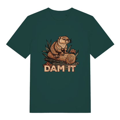 Glazed Green Dam It T-shirt flat lay showing beaver on log humorous illustration