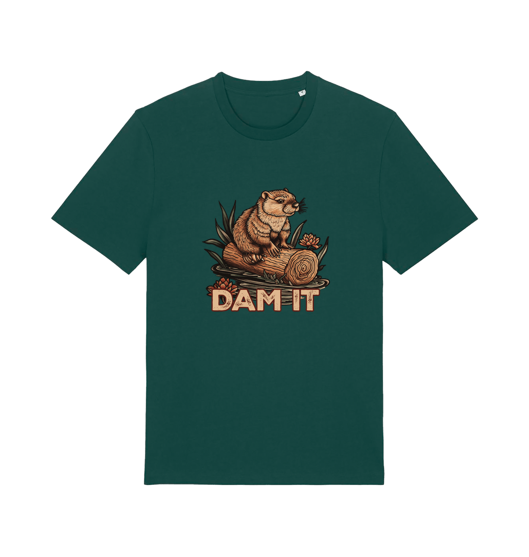 green animal t-shirt with a beaver graphic and 'DAM IT' slogan