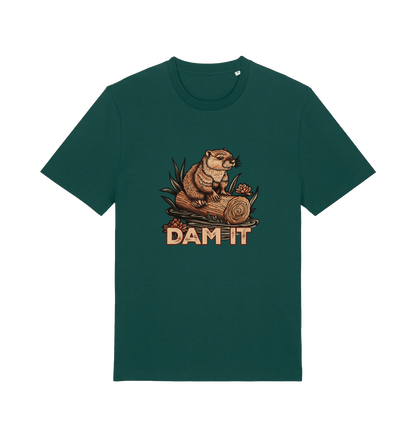 green animal t-shirt with a beaver graphic and 'DAM IT' slogan