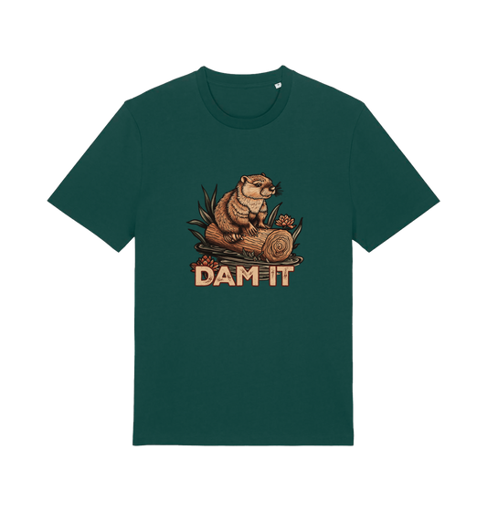green animal t-shirt with a beaver graphic and 'DAM IT' slogan