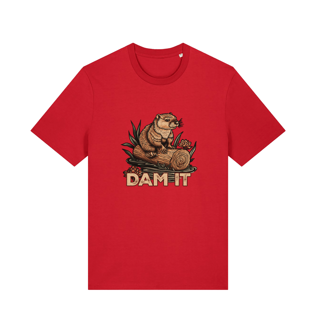 red animal t-shirt with a beaver graphic and 'DAM IT' slogan