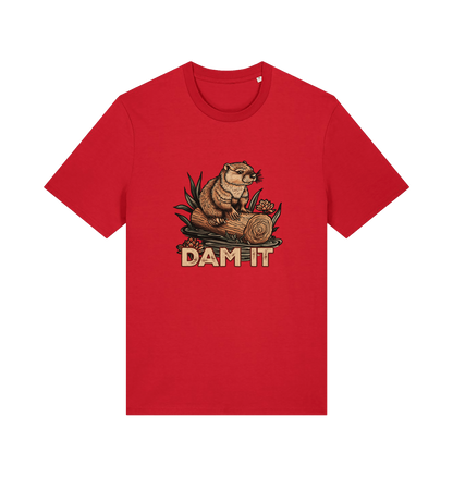 red animal t-shirt with a beaver graphic and 'DAM IT' slogan