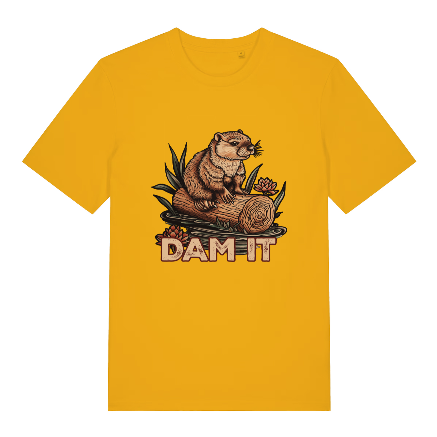Spectra Yellow Dam It T-shirt flat lay with vibrant beaver "DAM IT" graphic