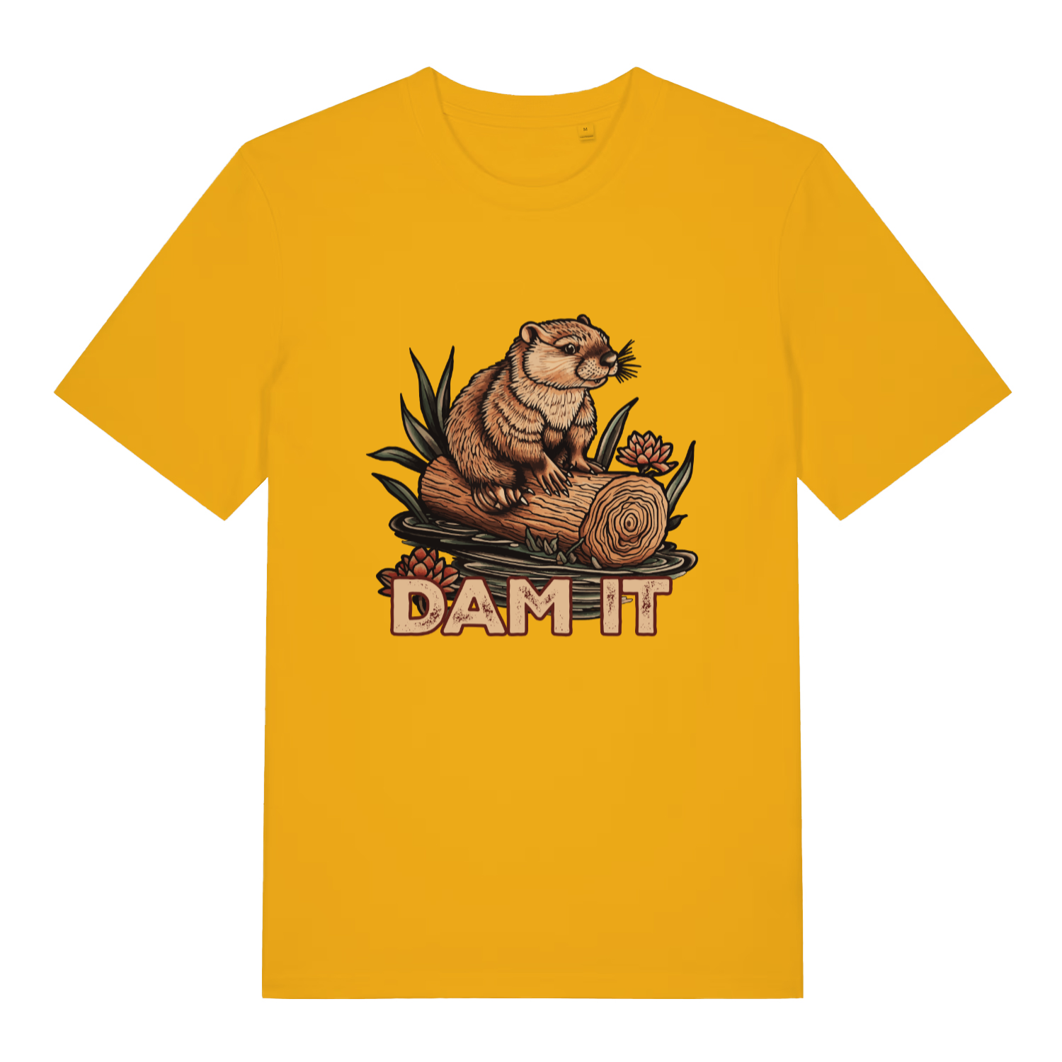 Spectra Yellow Dam It T-shirt flat lay with vibrant beaver "DAM IT" graphic