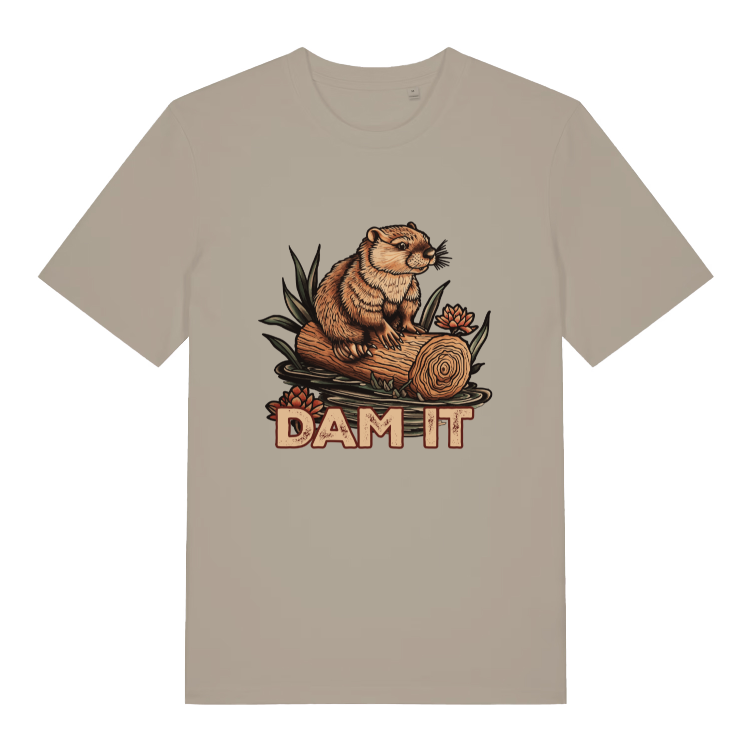 Stone Dam It T-shirt flat lay displaying cheeky beaver animal pun design