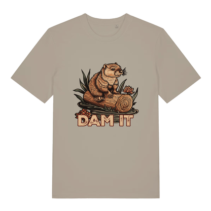 Stone Dam It T-shirt flat lay displaying cheeky beaver animal pun design