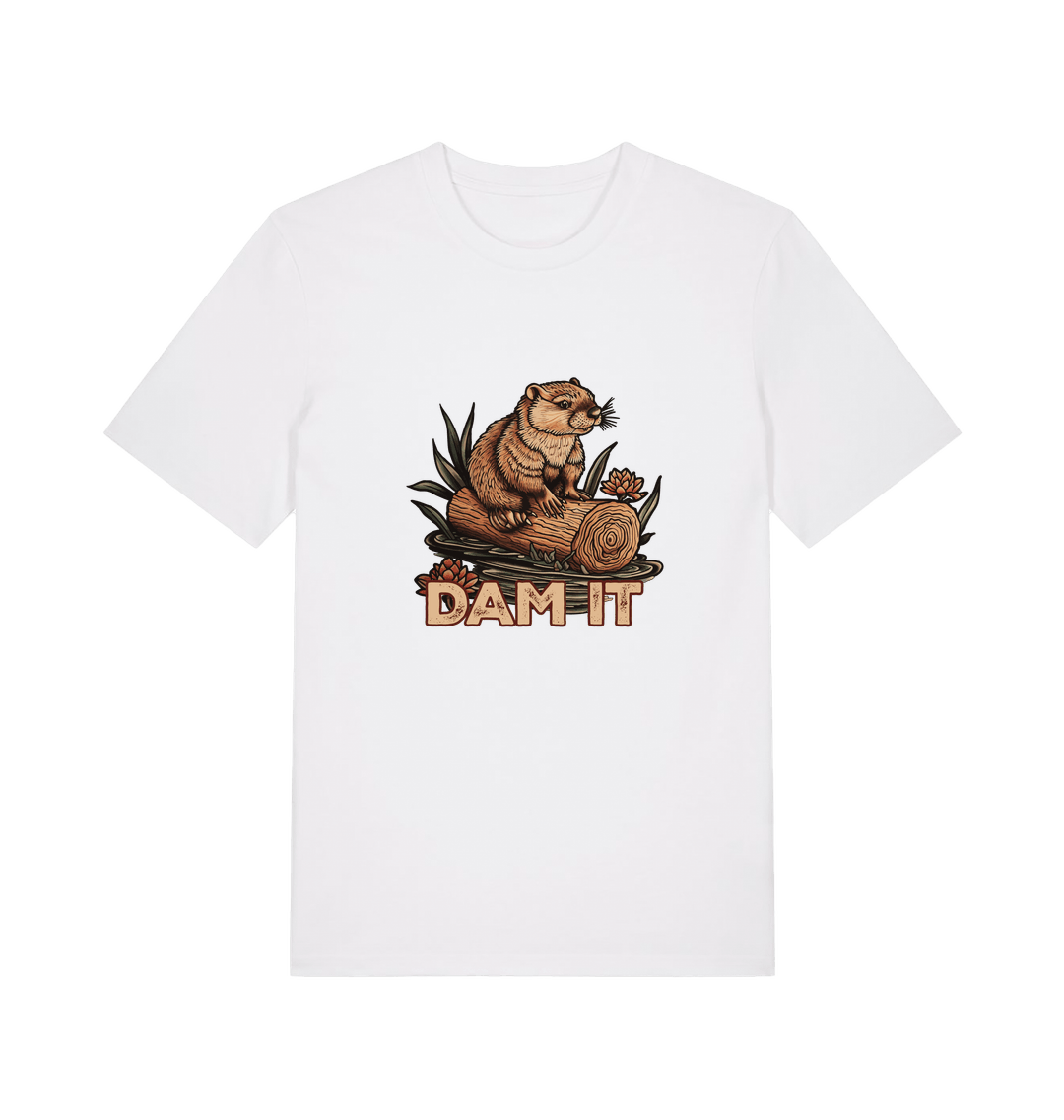 white animal t-shirt with a beaver graphic and 'DAM IT' slogan