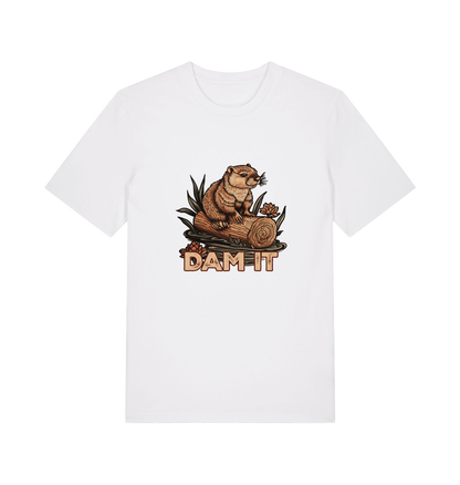 white animal t-shirt with a beaver graphic and 'DAM IT' slogan