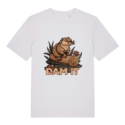 White Dam It T-shirt flat lay with clean cute beaver on log graphic