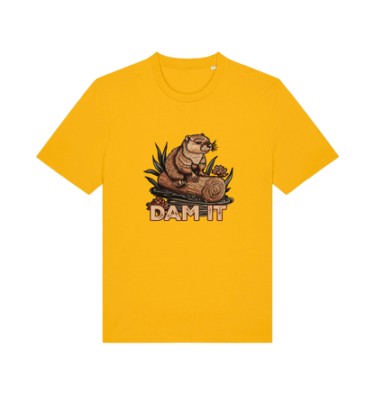 yellow animal t-shirt with a beaver graphic and 'DAM IT' slogan