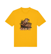 yellow animal t-shirt with a beaver graphic and 'DAM IT' slogan