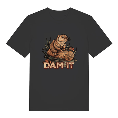 Black women's Dam It T-shirt flat lay with cute beaver on log "DAM IT" pun graphic
