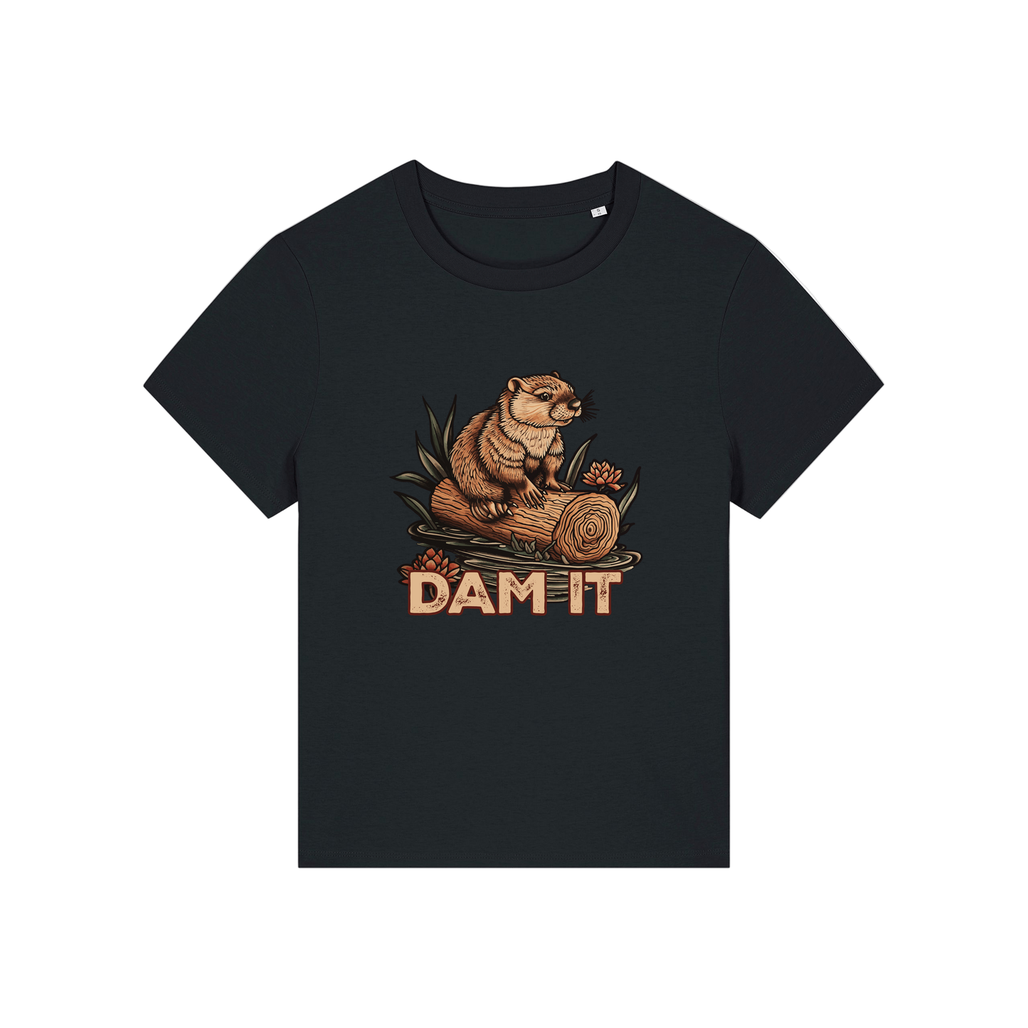black funny animal t-shirt with the graphic of a beaver sat on a log and the slogan 'dam it'