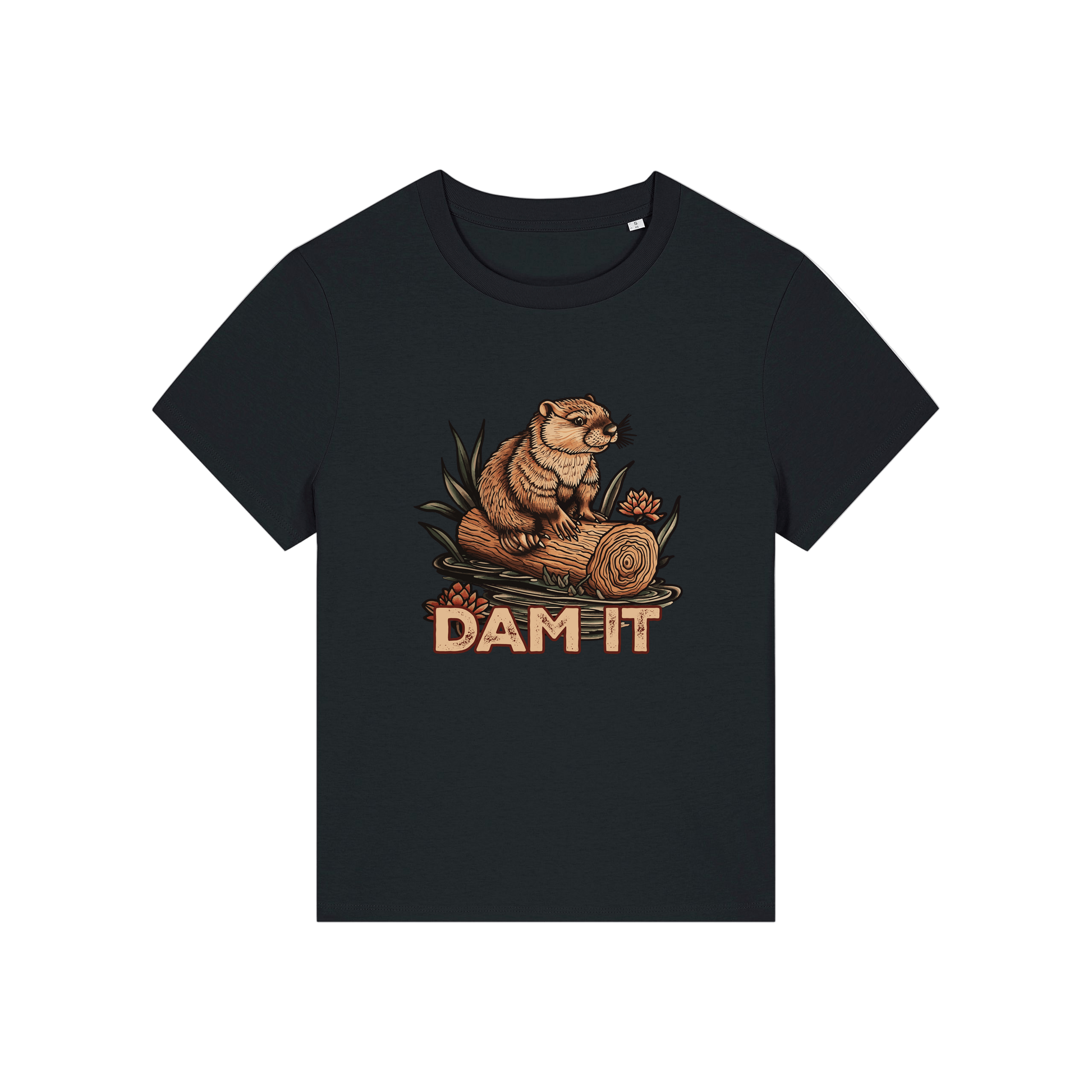 black funny animal t-shirt with the graphic of a beaver sat on a log and the slogan 'dam it'