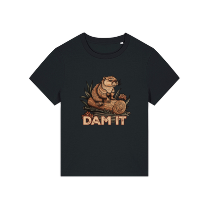 black funny animal t-shirt with the graphic of a beaver sat on a log and the slogan 'dam it'