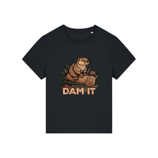 black funny animal t-shirt with the graphic of a beaver sat on a log and the slogan 'dam it'