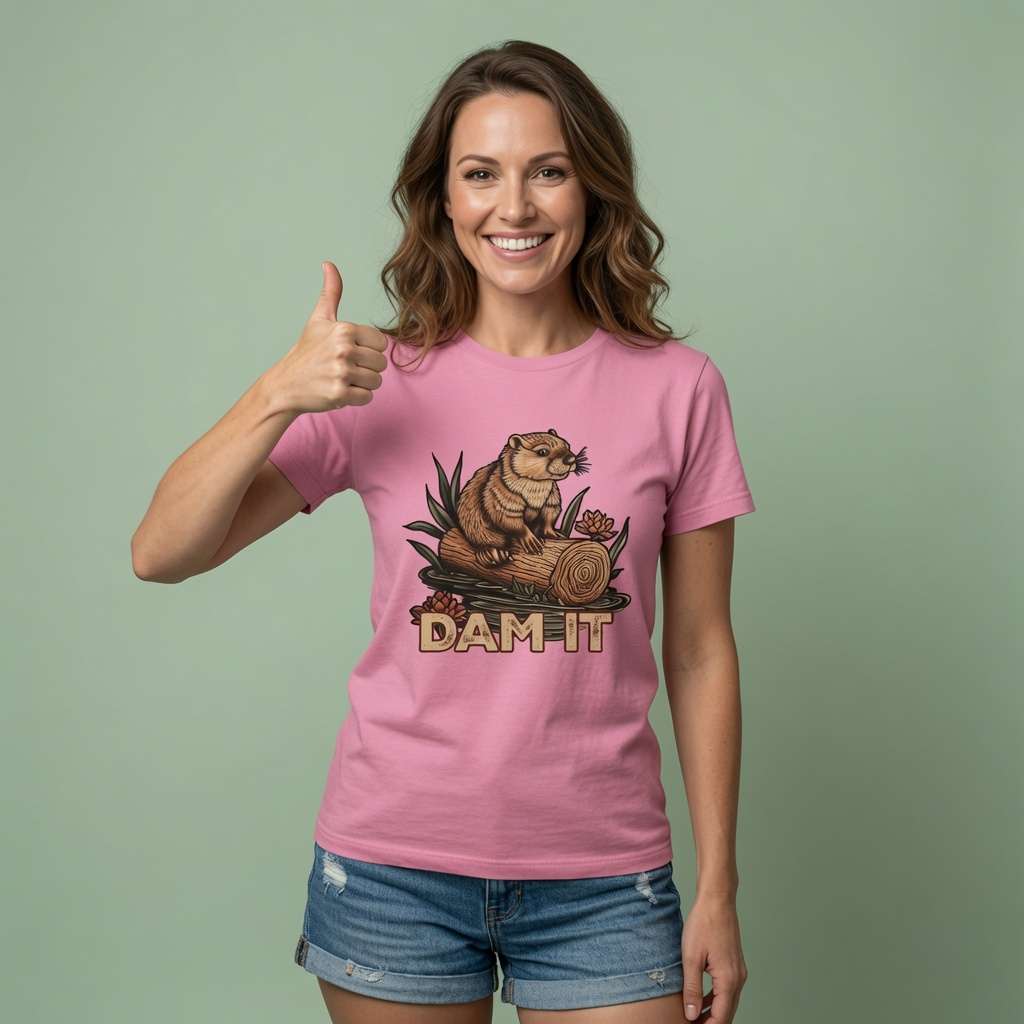 Woman in bubble pink Dam It tee featuring funny beaver dam pun