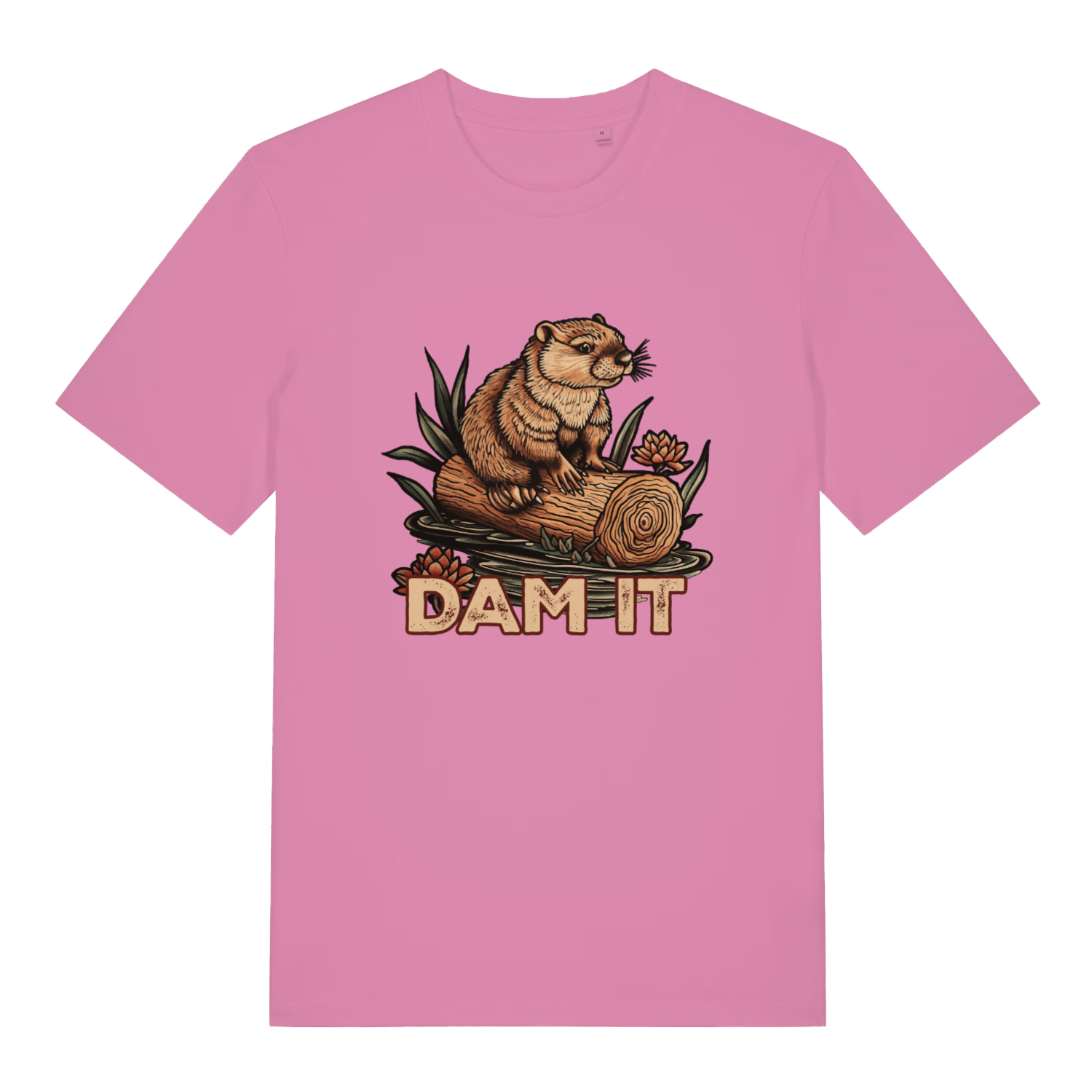Bubble Pink women's Dam It T-shirt flat lay featuring funny beaver dam pun design