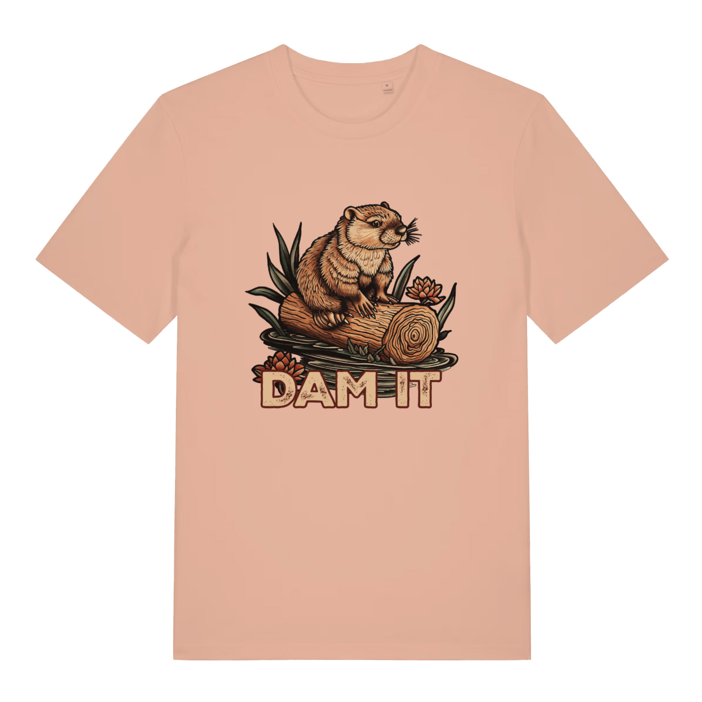 Fraîche Pêche women's Dam It T-shirt flat lay showing beaver on log humorous illustration