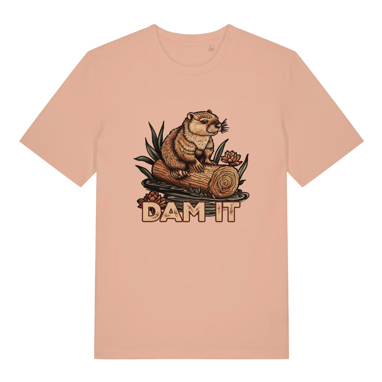 Fraîche Pêche women's Dam It T-shirt flat lay showing beaver on log humorous illustration