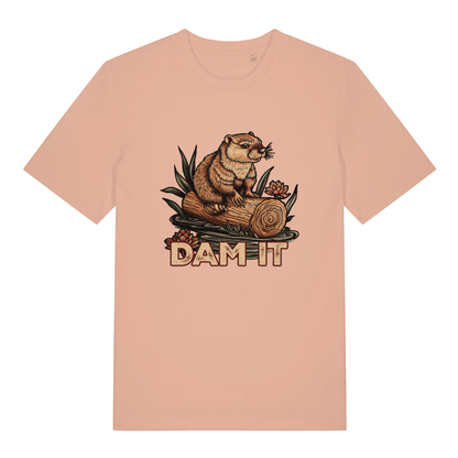 Fraîche Pêche women's Dam It T-shirt flat lay showing beaver on log humorous illustration