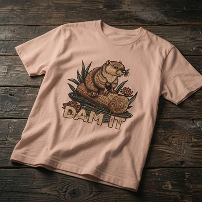 Peach Dam It t-shirt on wood with fun cheeky beaver graphic